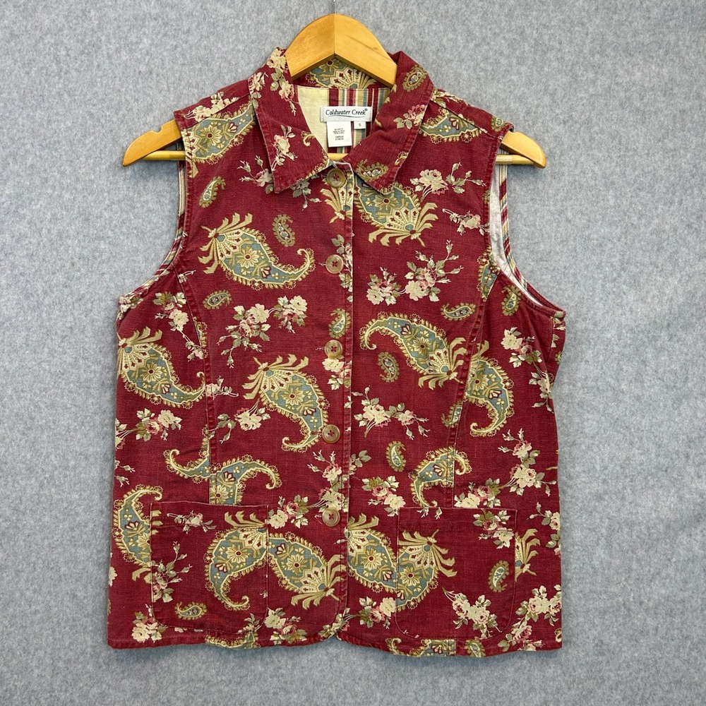 Coldwater Creek Size S Vest Red Paisley Floral Button Front Boho Earthy Fall 90s